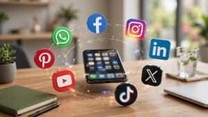 Smartphone with social media icons orbiting on desk