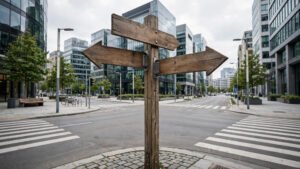 Signpost with multiple direction arrows at crossroads