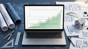 Laptop showing website wireframe with rising conversion graph