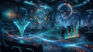 Futuristic command center with holographic marketing trend charts