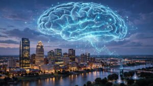 Omaha skyline at dusk with glowing AI network above